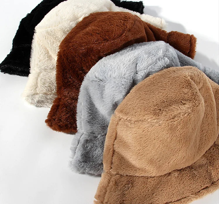 Thicken Autumn Winter Warm Plush Panama Casual Hats for Women Soft Faux Rabbit Fur Bucket Hat Solid Ladies Fisherman Caps Bonnet