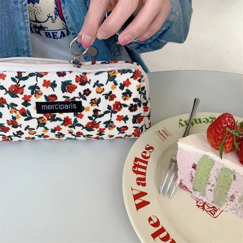 Women Flower Cosmetic Bags Girl Pencil Case Embroidery Student Korean Kawaii Cases for Girls Make Up Brush Storage Pouch