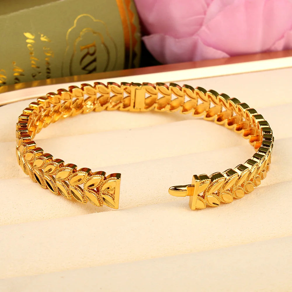 Trendy Copper Gold Plated Jewelry Bangles with Ring Leaves Design Cuff Bracelet Dubai Wedding Jewery Graduation Gifts for Girl Viralgem Store