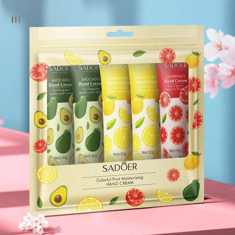 5Pcs/set SADOER Fruit Plant Fragrance Hand Cream Sets Moisturizing Repair Anti Dry Hand Lotion Sets Hands Skin Care Products Viralgem Store