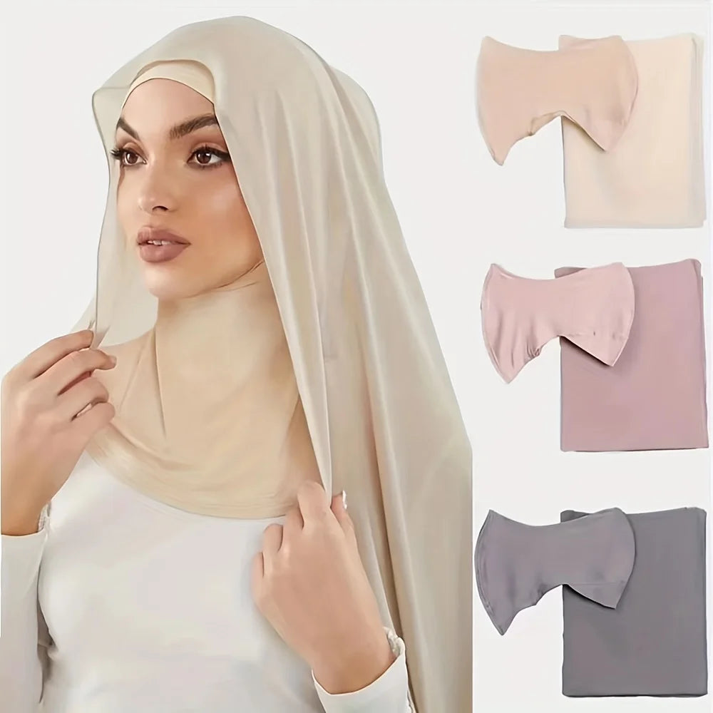 2pcs/set Solid Color Chiffon Hijab Thin Breathable Turban Long Head Scarf With Neck Base Hat For Women Casual Outdoor Viralgem Store