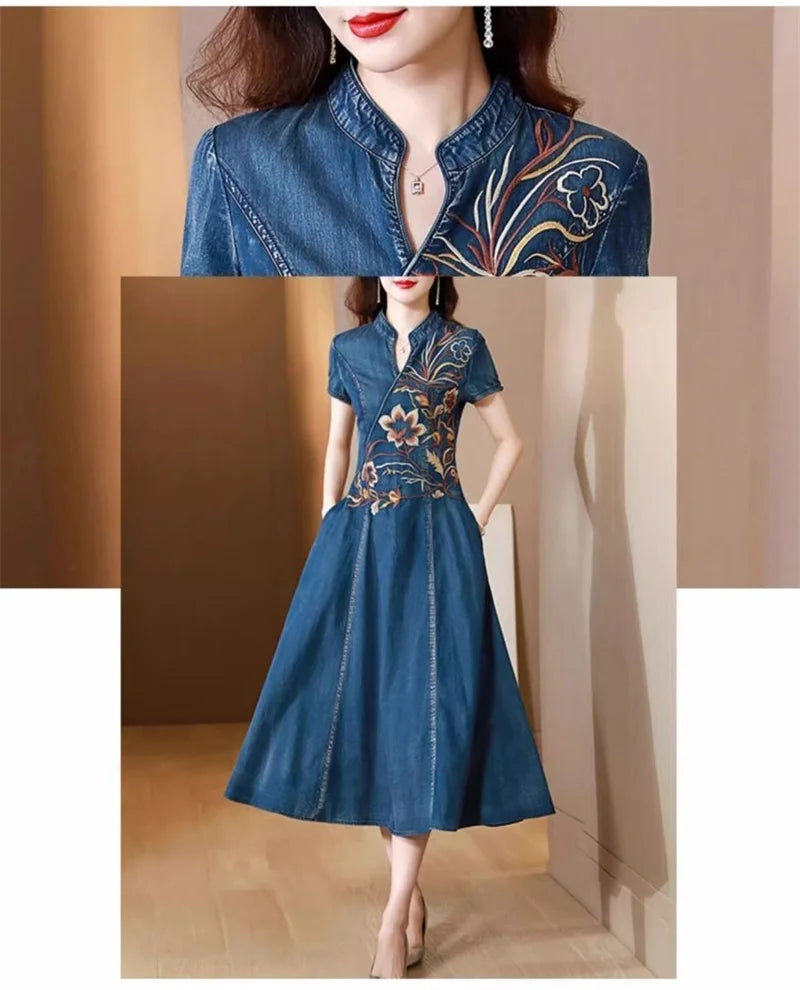 Summer New High End Embroidered Cowboy Dress Women's V-Neck Short Sleeved Temperament Jeans Long Dresses Female Denim Vestidos
