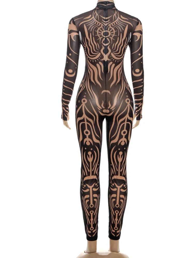 Sisterlinda Sexy Fashion Print Jumpsuits Woman Turtleneck Full Sleeve See Through Skinny Peach Hip Street Wild Style Overalls Viralgem Store