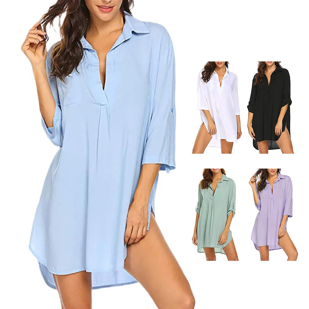 Summer Dress Shirts Beach Holiday Casual Chiffon Comfortable Cover Up Deep Flexible Sun Protection