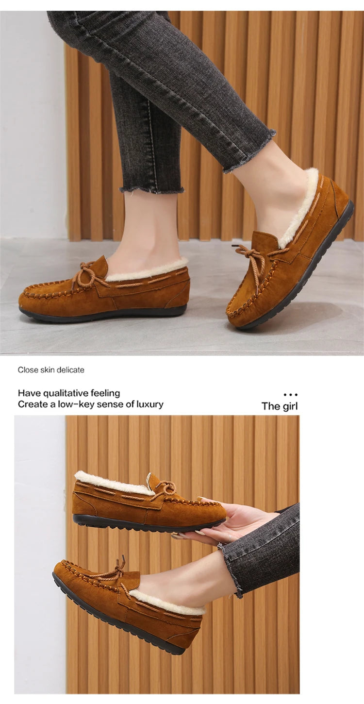 2023 autumn and winter new Doudou shoes women plus cashmere warm bow Korean version of casual shallow mouth flat lazy cotton sho