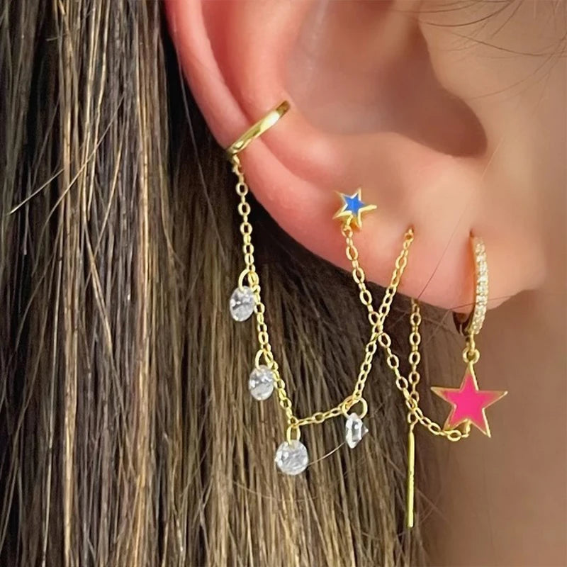 YUXINTOME 1PC 925 Sterling Silver Ear Needle Colorful Zircon Chain Tassel Hoop Earrings for Women Two Holes Earring Jewelry A45