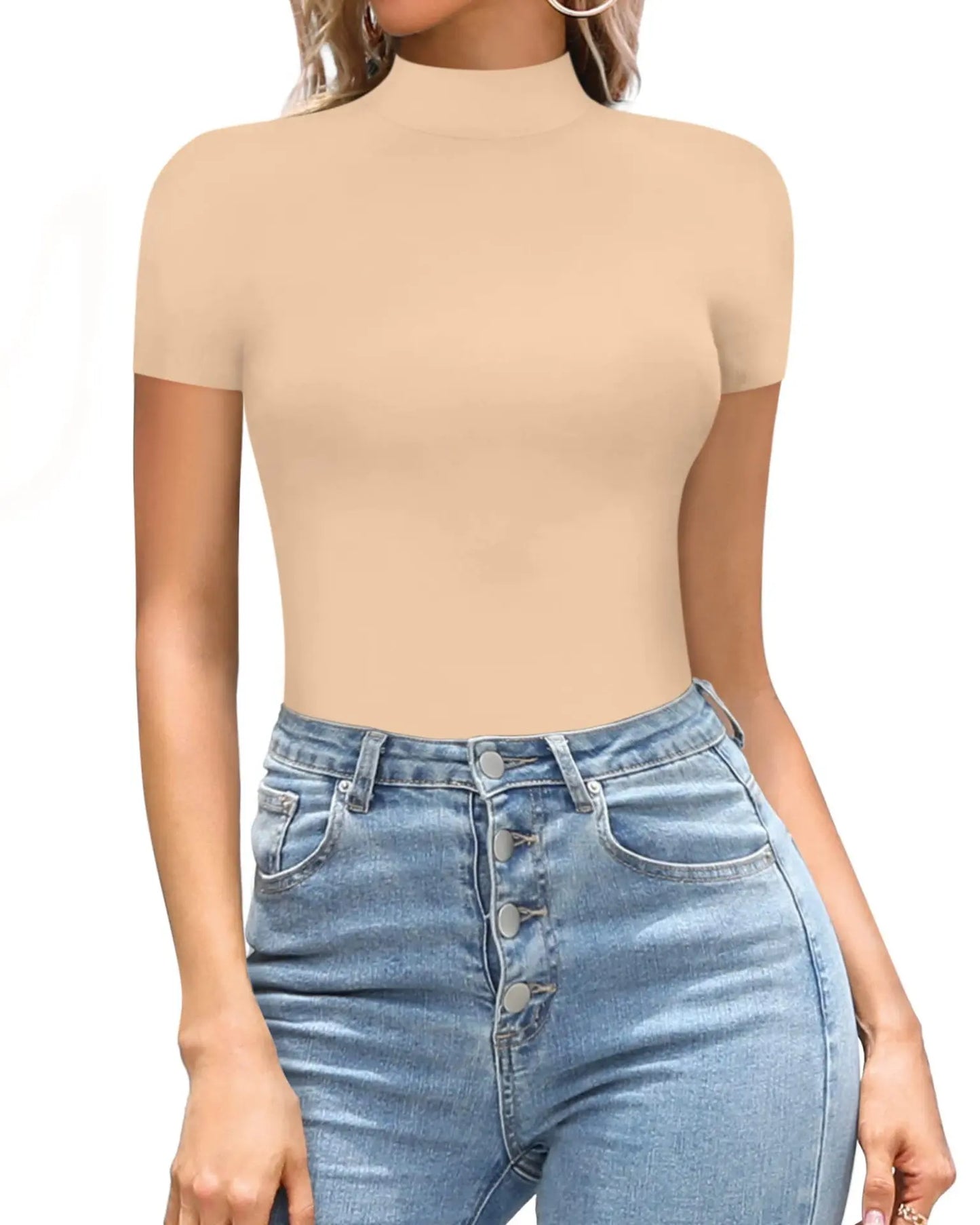 2023SpringSummer New Fashion Europe America Sexy Solid Color Medium High Neck Short Sleeve Casual Elegant Women's Tight Bodysuit