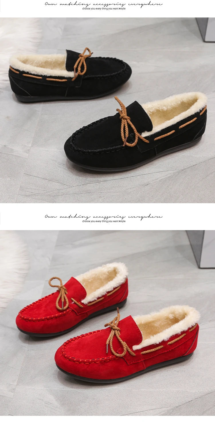2023 autumn and winter new Doudou shoes women plus cashmere warm bow Korean version of casual shallow mouth flat lazy cotton sho