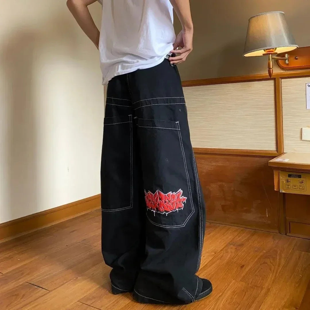 Y2K Fashion Red Print Grey Washed Baggy Jeans Men Women Harajuku Gothic Skateboard Pants Vintage Street Clothes Wide leg pants