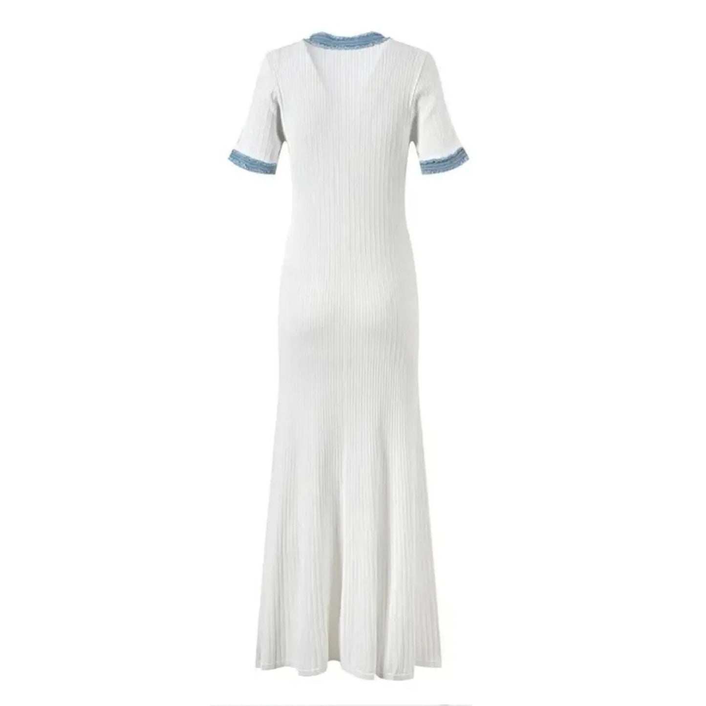 2024 New Summer Elegant Women Knitted Maxi Dress Chic O-neck Short Sleeve Denim Patchwork Bodycon Dresses Office Lady Robe Viralgem Store