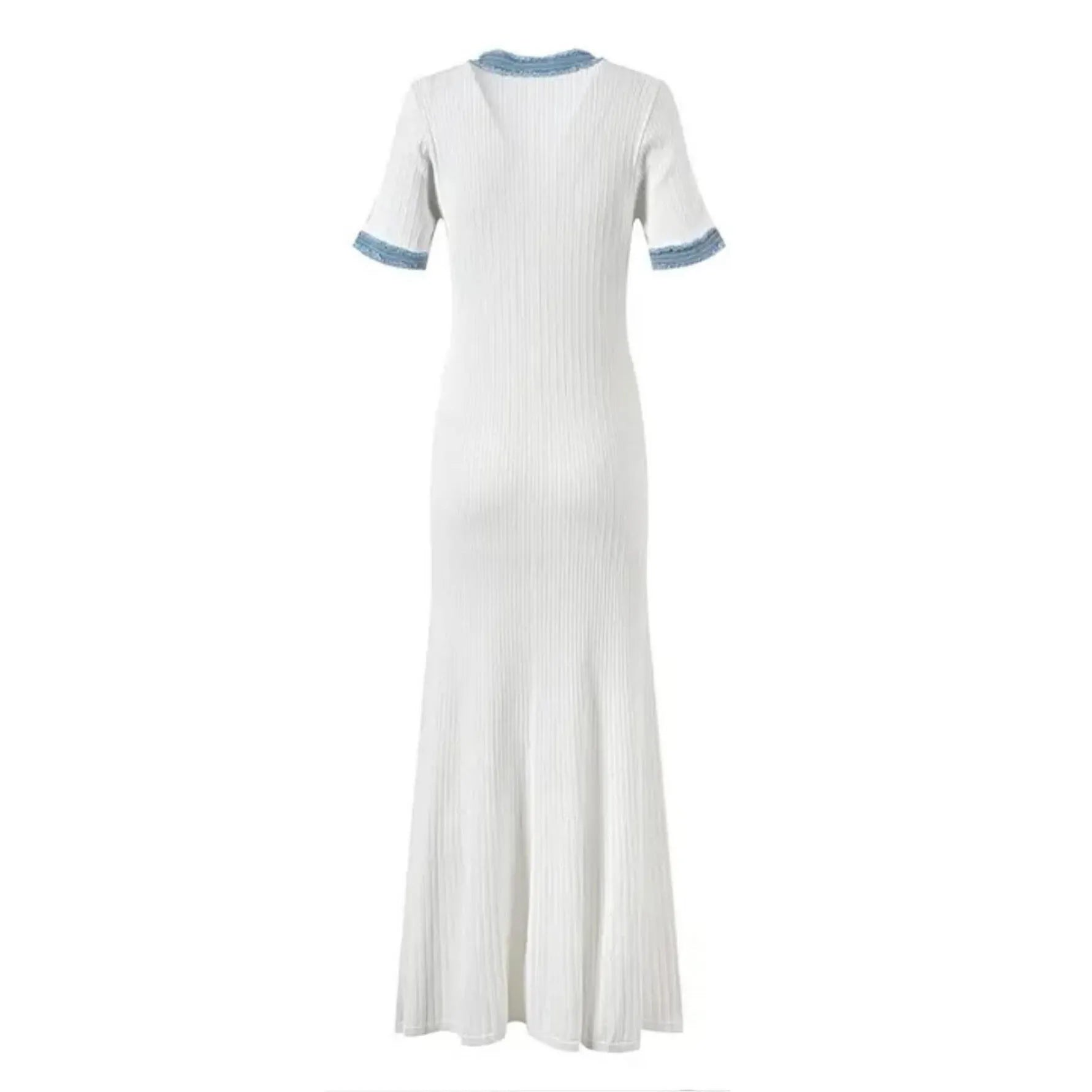 2024 New Summer Elegant Women Knitted Maxi Dress Chic O-neck Short Sleeve Denim Patchwork Bodycon Dresses Office Lady Robe Viralgem Store