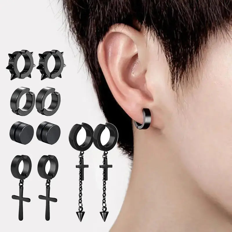 5 pairs of fashionable men's punk cross pendants stainless steel earless magnet earrings set Viralgem Store