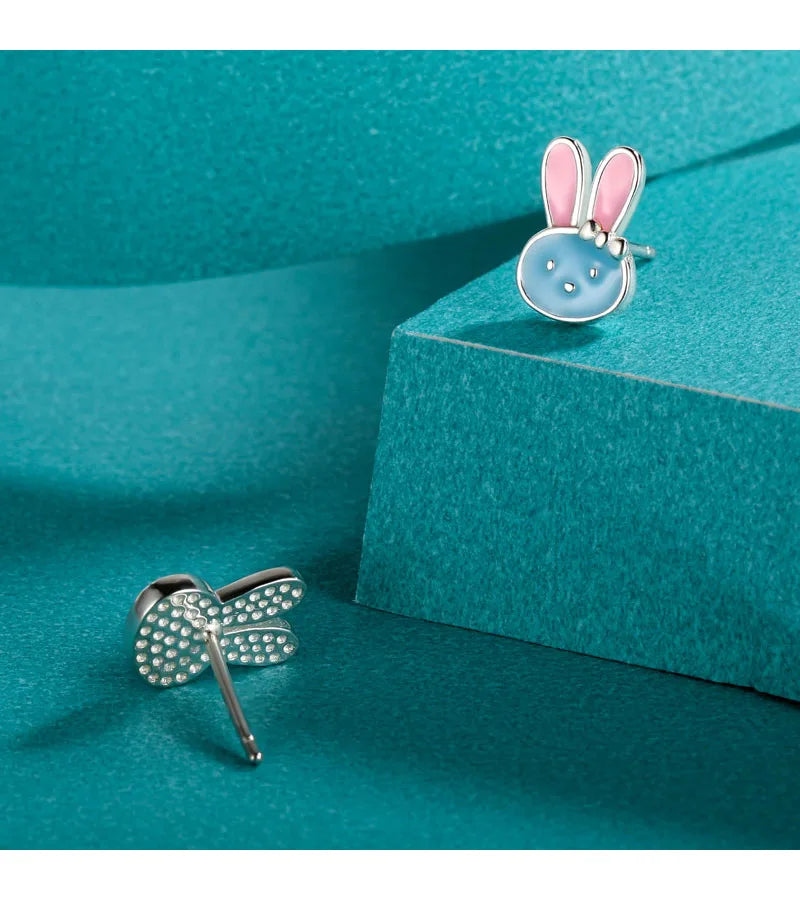 TrustDavis Real 925 Sterling Silver Cute Glaze Animal Rabbit Charm Stud Earrings For Daughter Girls Birthday Gift Jewelry DK024