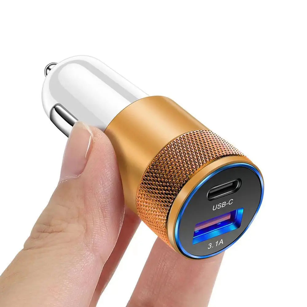 3.1A USB Car Charger Aluminum Alloy PD Fast Charging for Mobile Phone Tablet 15W Dual Port Car Charger Adapter Fast Car Charger