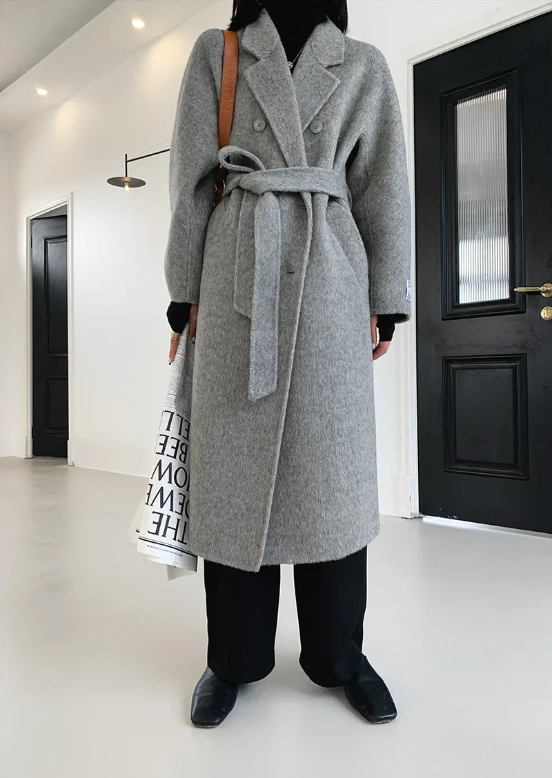 2024 Autumn Winter Wool Coat Women Double-breasted Solid Color Women's Double-sided Woolen Belt Coats Loose Warm Wool Jacket