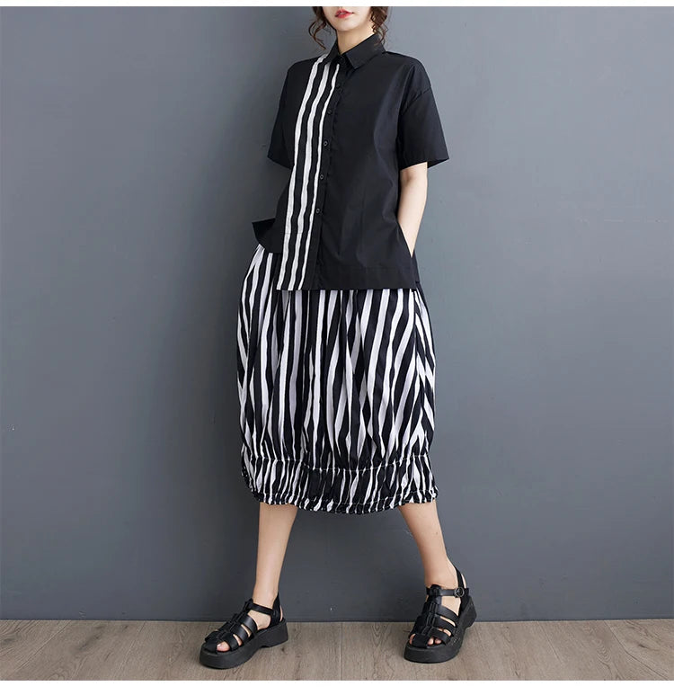 Summer Striped Print 2 Two Piece Set Women Irregular Patchwork Fashion Ladies Cropped Shirts Loose Casual Pleated Woman Skirts Viralgem Store