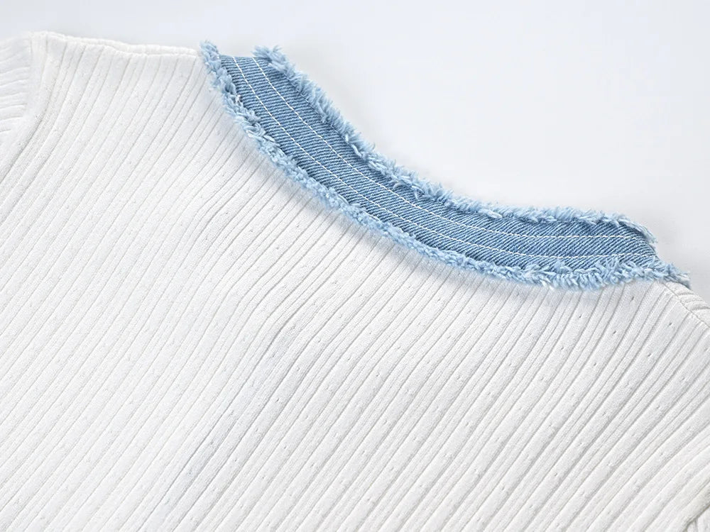 2024 New Summer Elegant Women Knitted Maxi Dress Chic O-neck Short Sleeve Denim Patchwork Bodycon Dresses Office Lady Robe Viralgem Store