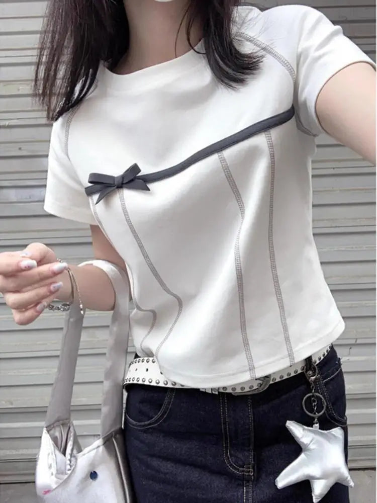 Yedinas High Quality Cotton T Shirt Women Clothes Korean Fashion Summer Tops Short Sleeve Bow Bright Line Decoration Tees Y2k