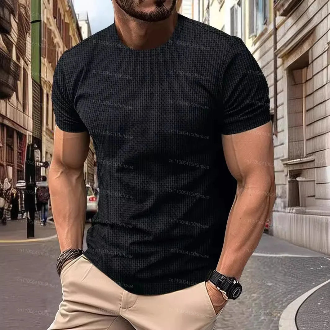 2025 New Summer Men's High-End Mesh Ice Silk Round Neck Short Sleeve Acrylic Anti-Wrinkle Pop Breathable High Street Polo Shirt