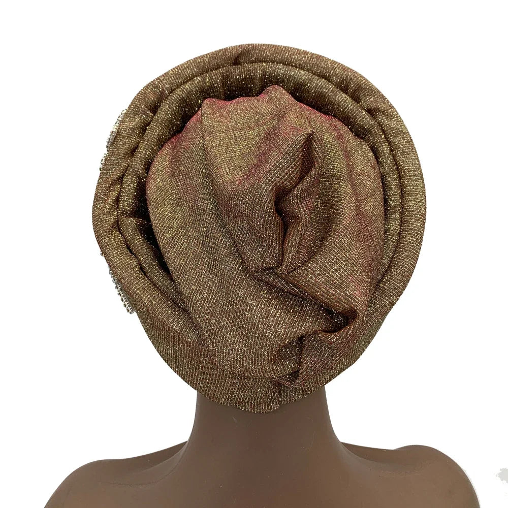 African Wrap Head Headgear Nigeria Auto Gele Headtie Turbante Mujer Luxury Rhinestone Turban Hat for Women Glitter