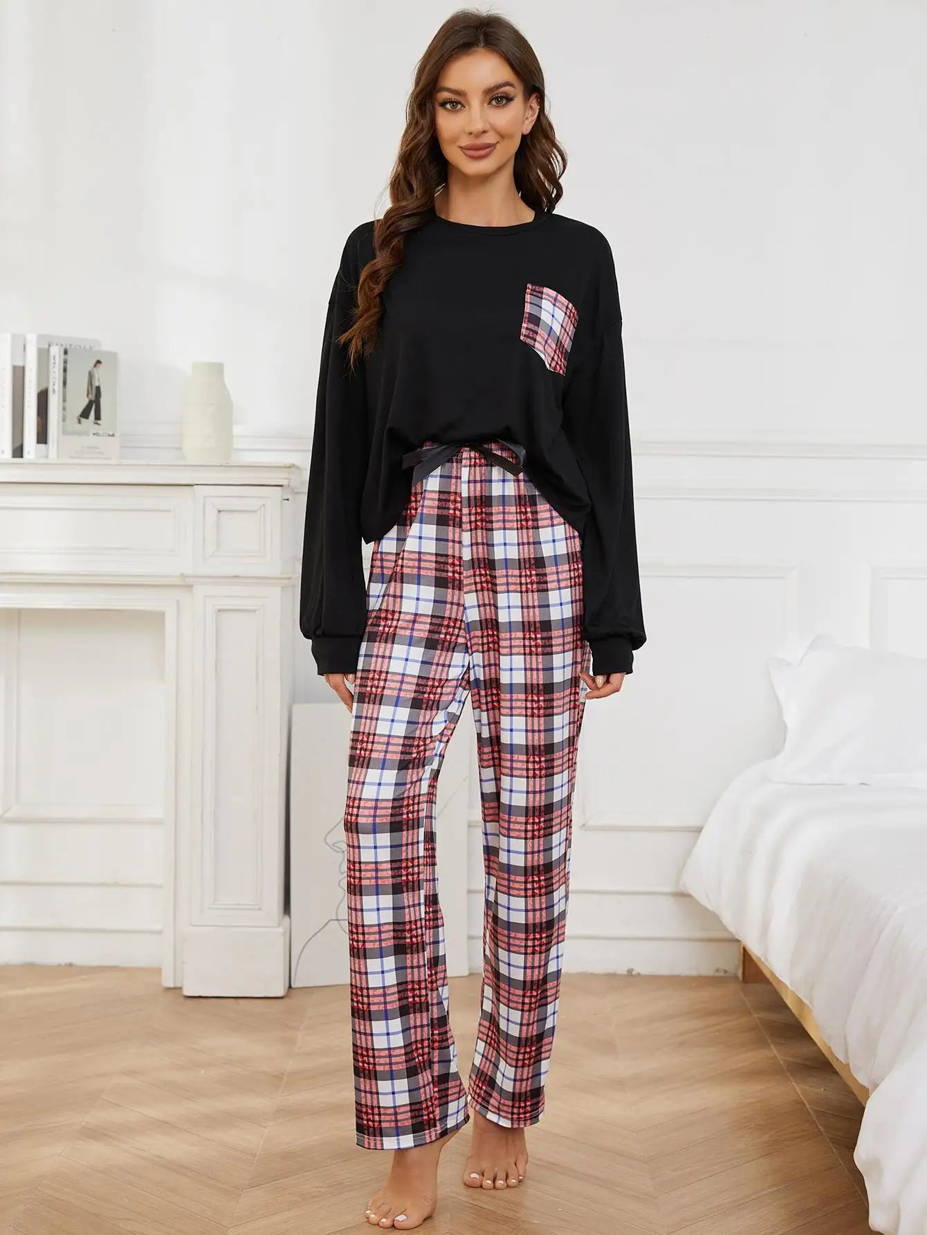 Women Pajama Set Long Sleeves Screw Neck Top & Plaid Full-Length Pants Fall Winter Spring Female Sleepwear 2 Piece Nightwear