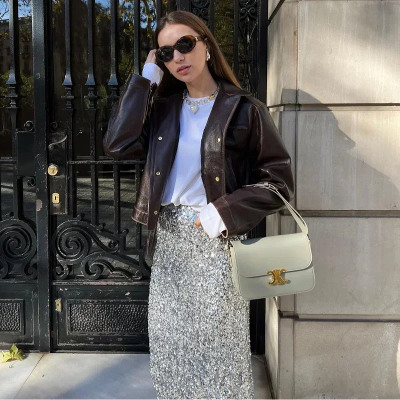 Vintage Cropped Distressed Leather Jacket For Women Chic Lapel Single Breasted Lace Up Coat Autumn Lady New Chic Streetwear 2024