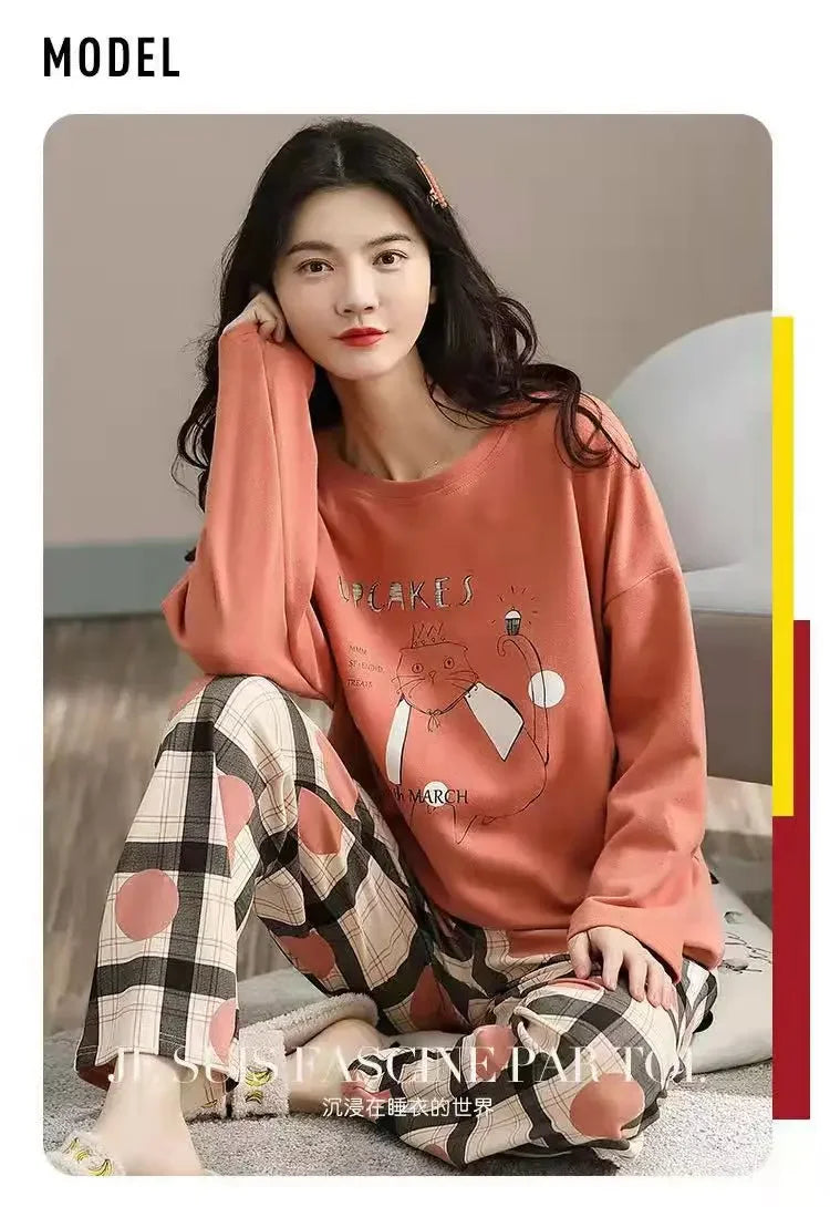 Women's pajamas spring and autumn long-sleeved autumn and winter home clothes plus size simple loose suit outerwear