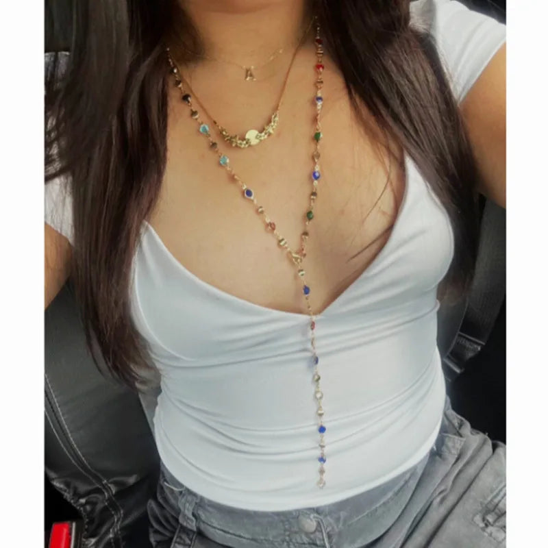 31.2in Fashion Colorful Glass Long Y-Shaped Necklace for Women Metal Collarbone Chain Summer Holiday Party Body Jewelry