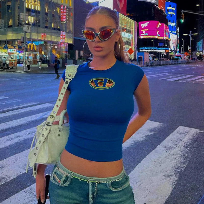 Y2k Top Shirts for Women Fashion Street Spice Girl Slim Show Chest D Embroidery Crop Short Open Umbilical Versatile Top