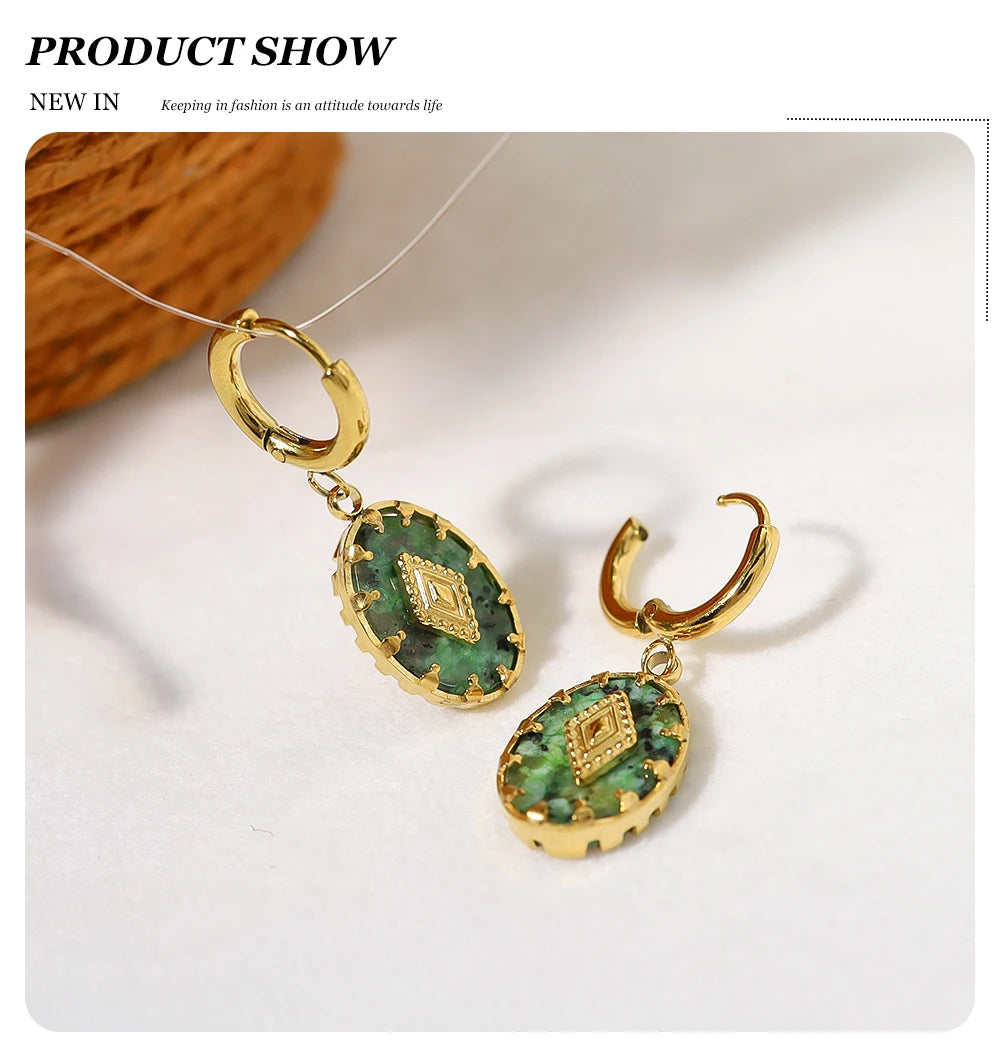 WILD & FREE 18K Gold Plated Natural Stone Stainless Steel Drop Earrings for Women Green African Turquoise Charm Vintage Jewelry