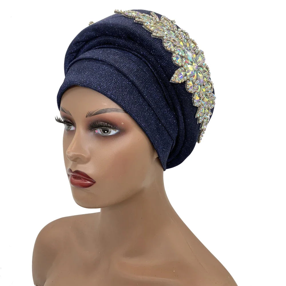 African Wrap Head Headgear Nigeria Auto Gele Headtie Turbante Mujer Luxury Rhinestone Turban Hat for Women Glitter