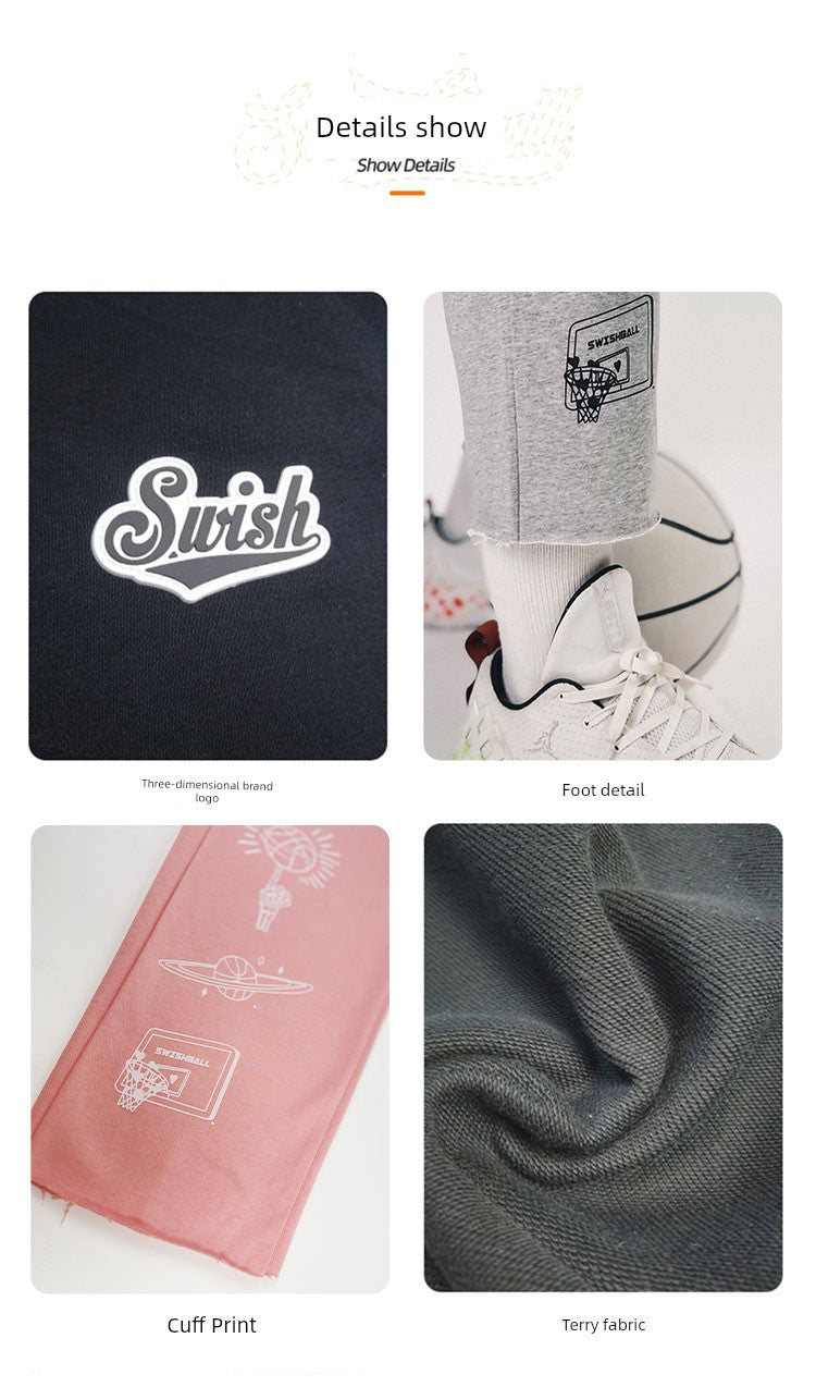 Swish the Ball in Hollow Ball Series American Straight-Leg Frayed Hem Knitting Sports Pants Men