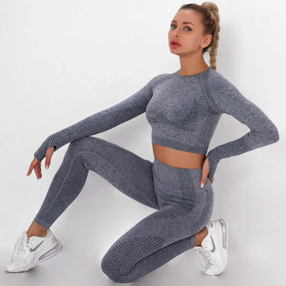 Women Seamless Gym Set Long Sleeve Top High Waist Belly Control Sport Leggings Gym Clothes Seamless Sport Suit Sexy Booty Girls Viralgem Store