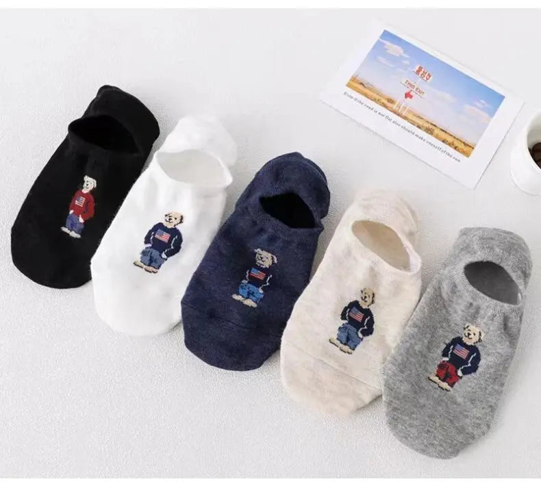 5 Pairs of Super Cute Bear Embroidered Cartoon Bear Boat Socks, Soft and Comfortable, Sweat Wicking and Versatile Short Socks
