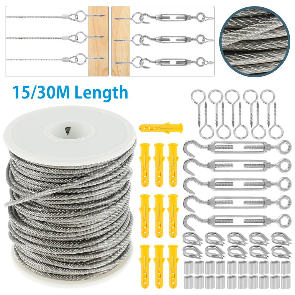 15/30m Cable Guardrail Ropes Awning Install Attachment Set Flexible Wire Soft Stainless Steel Hardware Universal Hoisting Rope