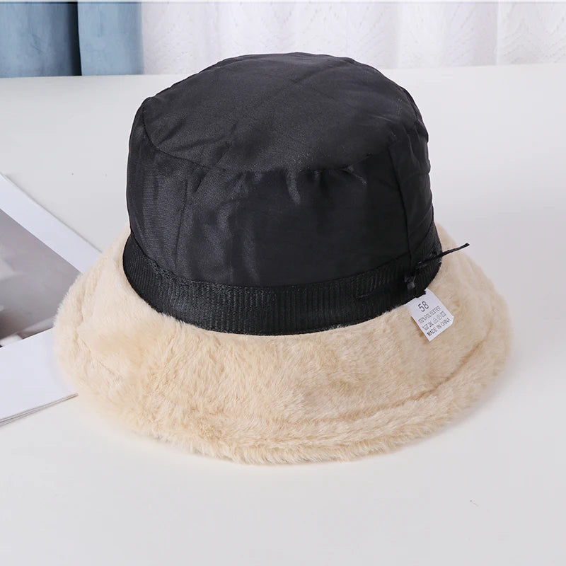Thicken Autumn Winter Warm Plush Panama Casual Hats for Women Soft Faux Rabbit Fur Bucket Hat Solid Ladies Fisherman Caps Bonnet