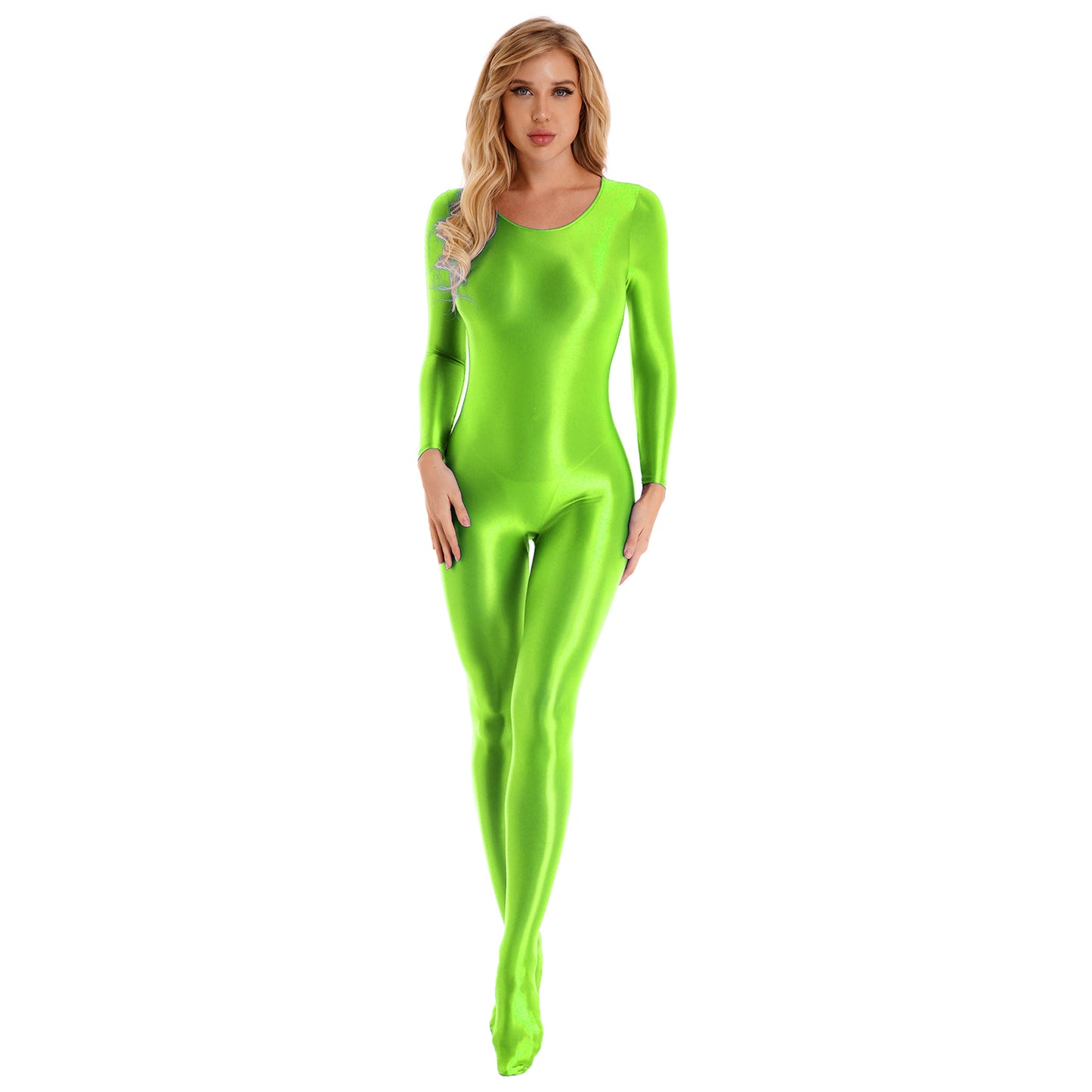 Womens Oil Glossy Bodysuit One Piece Swimwear Long Sleeve Teddies Stretchy Jumpsuit Bodystocking Rave Party Clubwear Swimwear