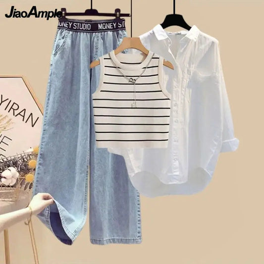 Women Summer New White Sunscreen Shirt Top+Striped Vest+Wide Leg Jeans 3 Piece Suit 2024 Korean Elegant Denim Pants Matching Set Viralgem Store