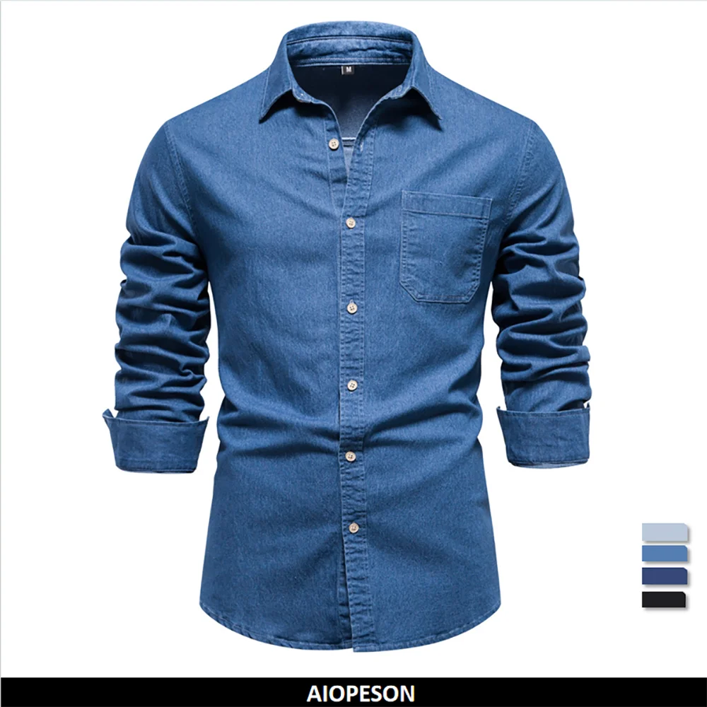 AIOPESON Autumn New Cotton Men's Denim Shirt Solid Color Single Pocket Casual Long Sleeve Shirt Autumn Jeans Shirt for Men