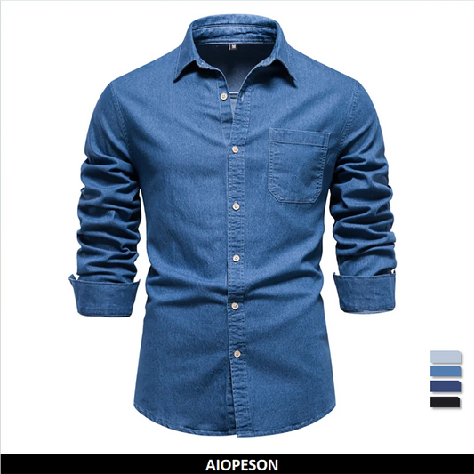 AIOPESON Autumn New Cotton Men's Denim Shirt Solid Color Single Pocket Casual Long Sleeve Shirt Autumn Jeans Shirt for Men