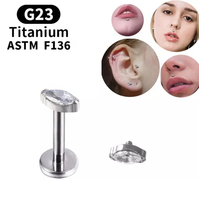 1PC ASTM F136 Titanium Marquise Labret CZ Zircon Ear Tragus Cartilage Flat Back Earring Piercing Internally Thread Body Jewelry