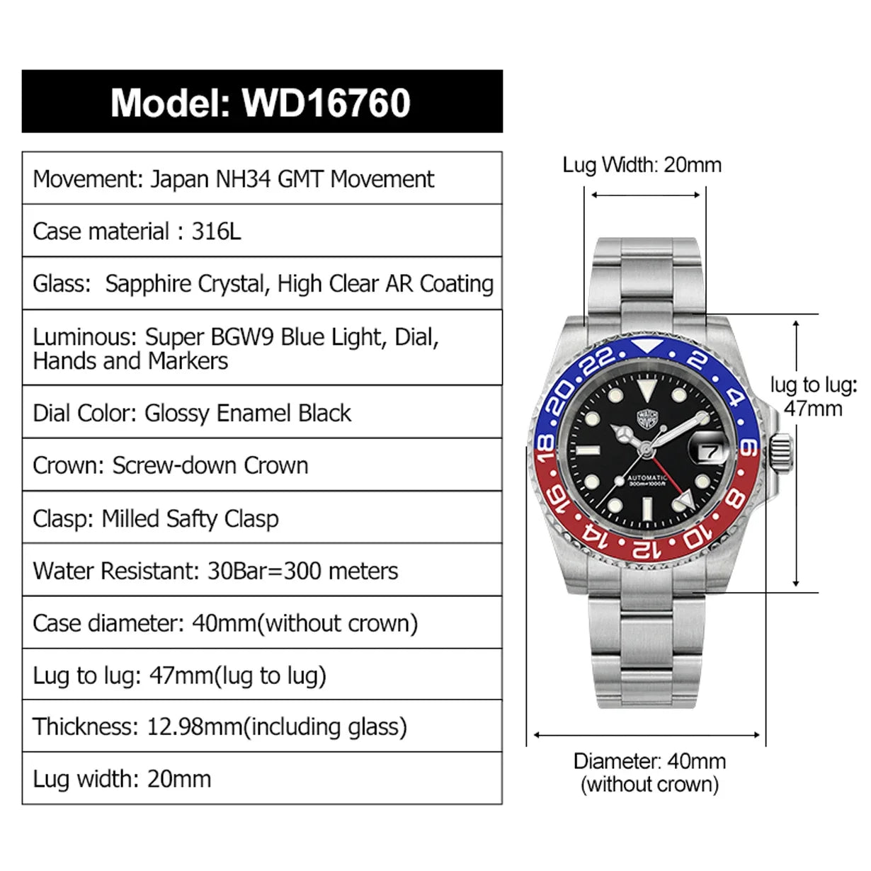 Watchdives WD16760 NH34 Sub GMT Watch Stainless Steel Sapphire Automatic Movement BGW9 Luminous 300m Waterproof Watches for men