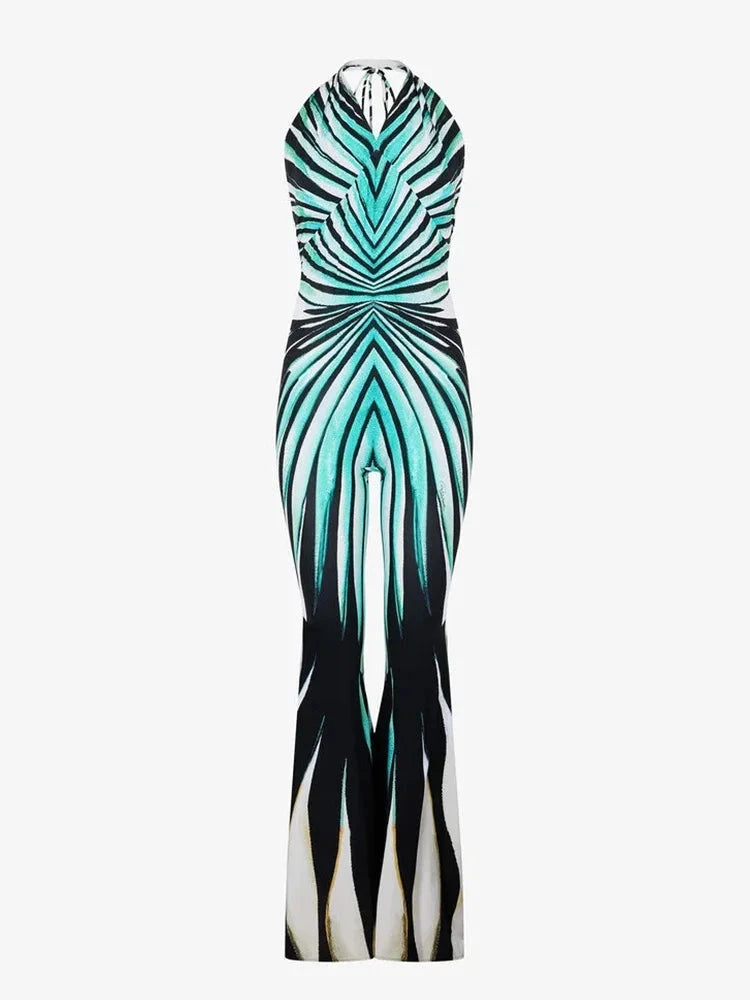 Ahagaga Fashion Printed Women Jumpsuits Halter Bandage Hollow Out Striped Skinny Flare Pants Sexy Streetwear Rompers Female Viralgem Store