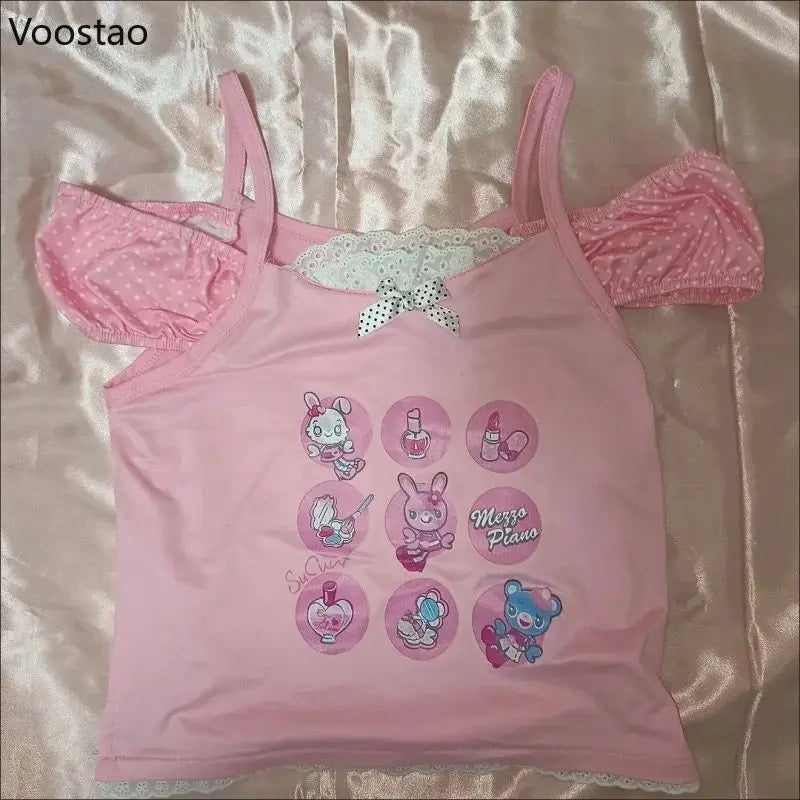 Sweet Japanese Cartoon Print Lolita T-shirt Women Y2k Aesthetic Ruffles Bow Crop Tops Girls Harajuku Grunge Kawaii Tees Summer