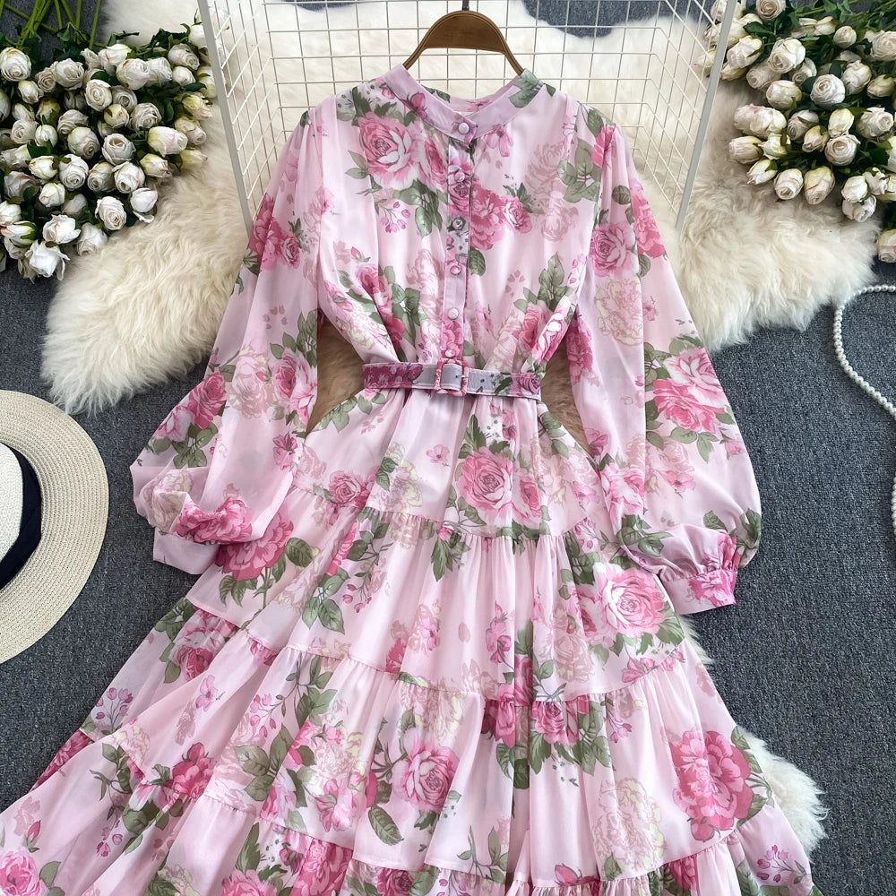 Spring Autumn Women Floral Chiffon Long Dress Vintage Purple/Pink/Black/Beige Stand Collar Single Breasted Maxi Robe Elegant New Viralgem Store