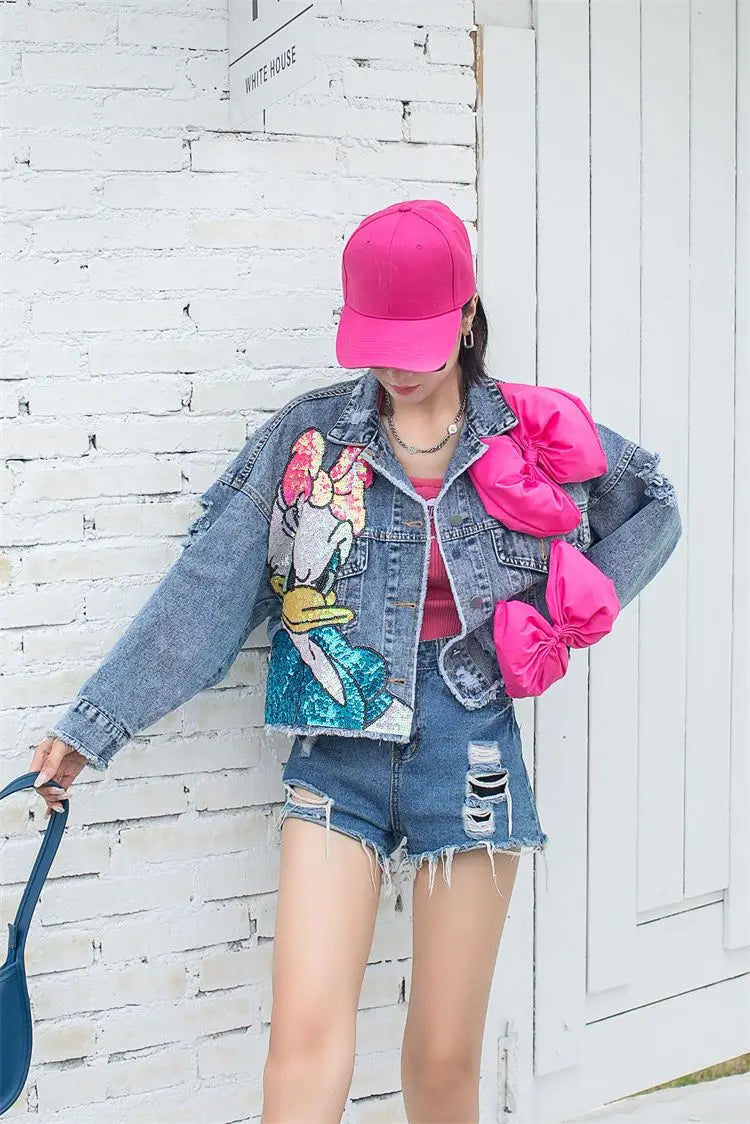 2024 New Women Coat Cartoon Sticker Embroidered Sequin Short Denim Jacket Loose Bowknot Top