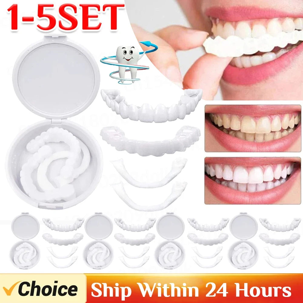 1-5Set Upper Lower Temporary Fit Fake Teeth Cosmetic Denture Smile Veneers False Teeth Brace Cover Upper False Tooth Cover Snap Viralgem Store