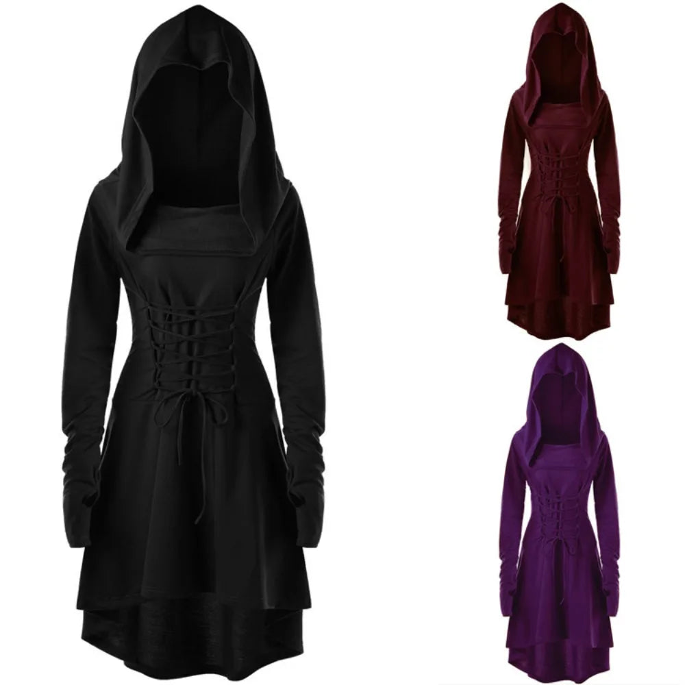 Vintage Womens Cosplay Medieval Renaissance Archer Costumes Hooded Robe Lace Up Pullover Long Hoodie Dress Cloak Halloween Party Viralgem Store