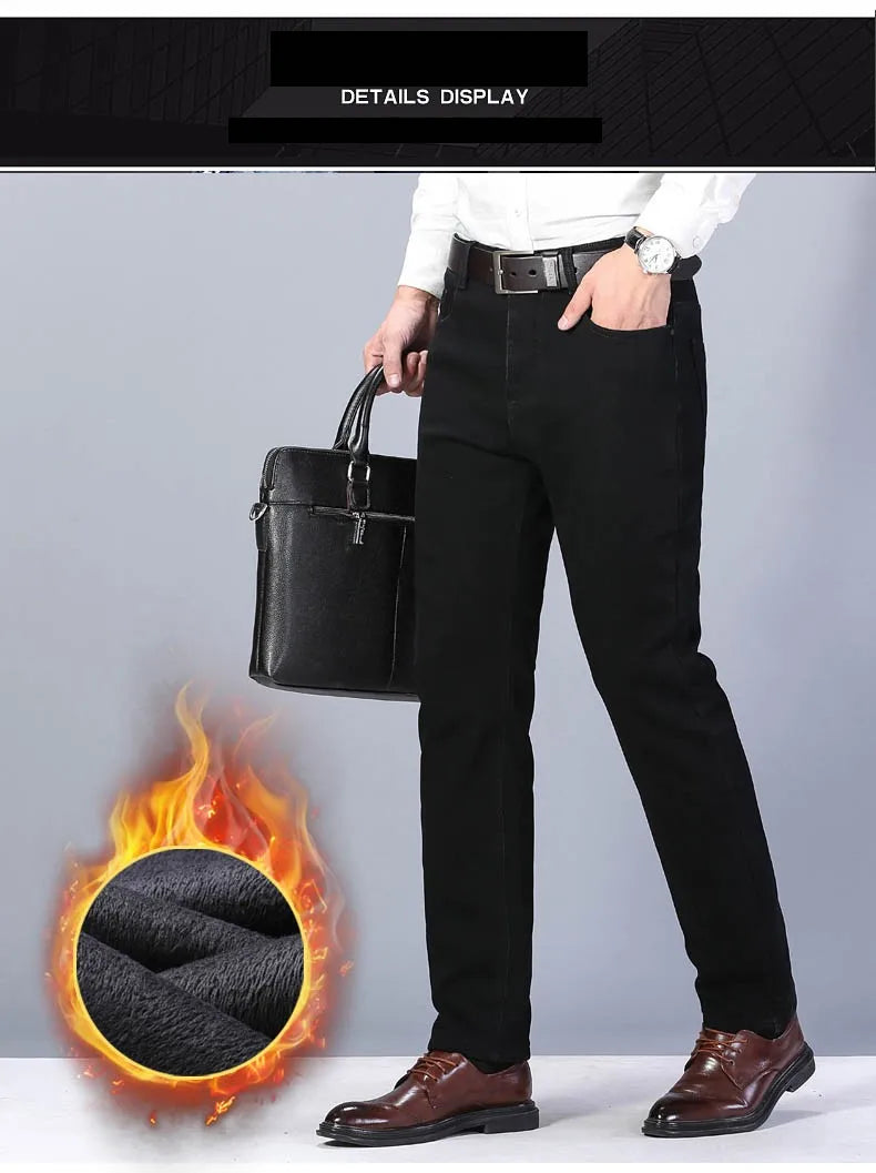 2025 Winter Warm Denim Casual  Fleece  Jeans Men Elasticity  Slim Fit Stretch Thick Velvet Pants Black Grey Blue Jeans