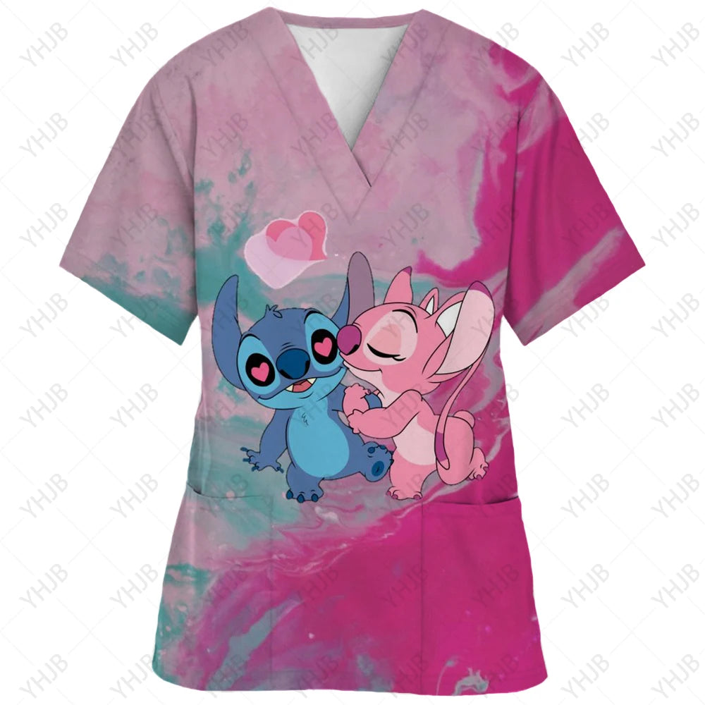 Top Women 2024 Minnie Mouse Tops Disney T Shirt Pocket T-shirts Hospital T-shirt Summer Nurse Uniform Woman Clothes Mickey Tees